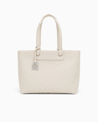 Bolso shopping logotipo en relieve y colgante metálico marfíl